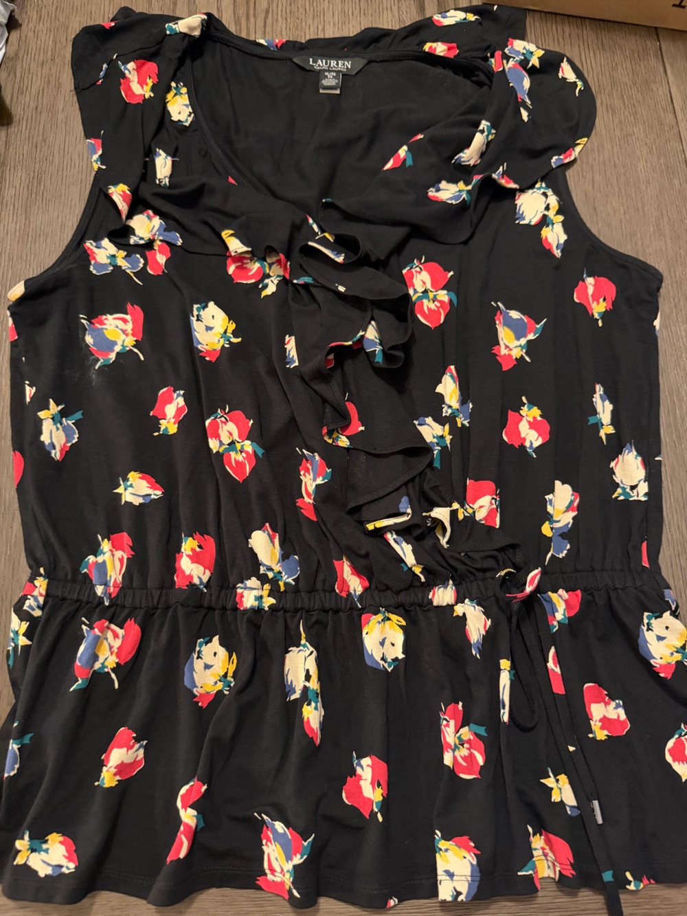 Lauren Ralph Lauren Women’s Floral Peplum Tie Waist Ruffle Neck Top Black XL